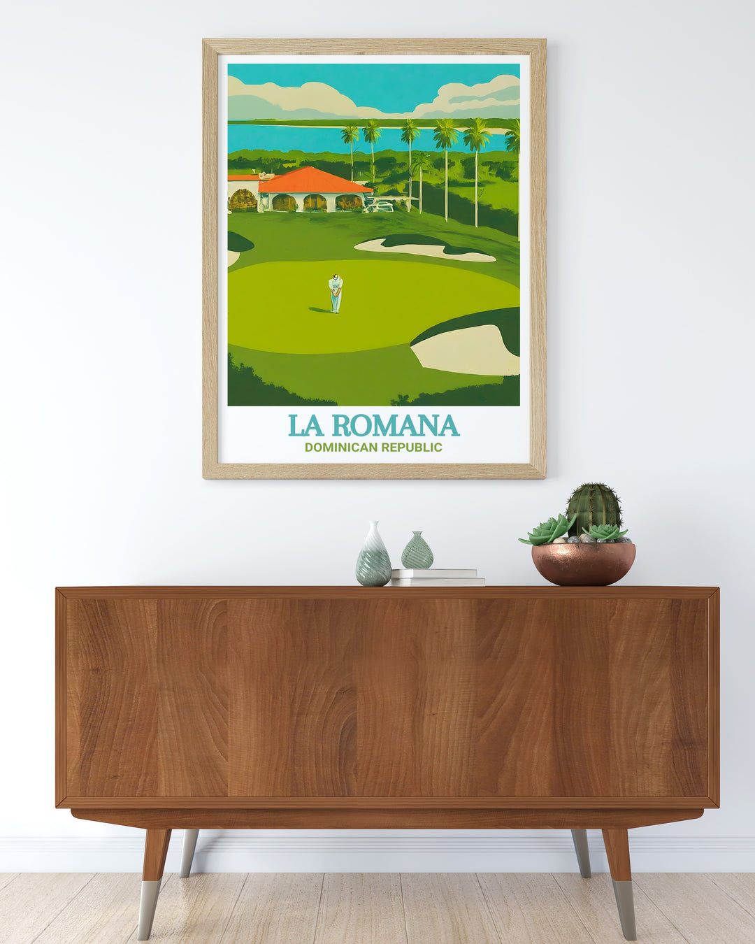 Detailed art of Teeth of the Dog Golf Course highlights its challenging layout and stunning ocean views, perfect for those who appreciate golf and the beauty of La Romana.