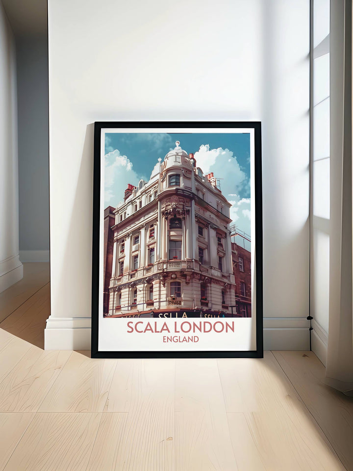 Scala London Art Deco print of the music venue exterior façade capturing timeless architecture of Kings Cross London perfect for adding elegance to your living room or music room wall art collection featuring bold lines and stunning details for music lovers