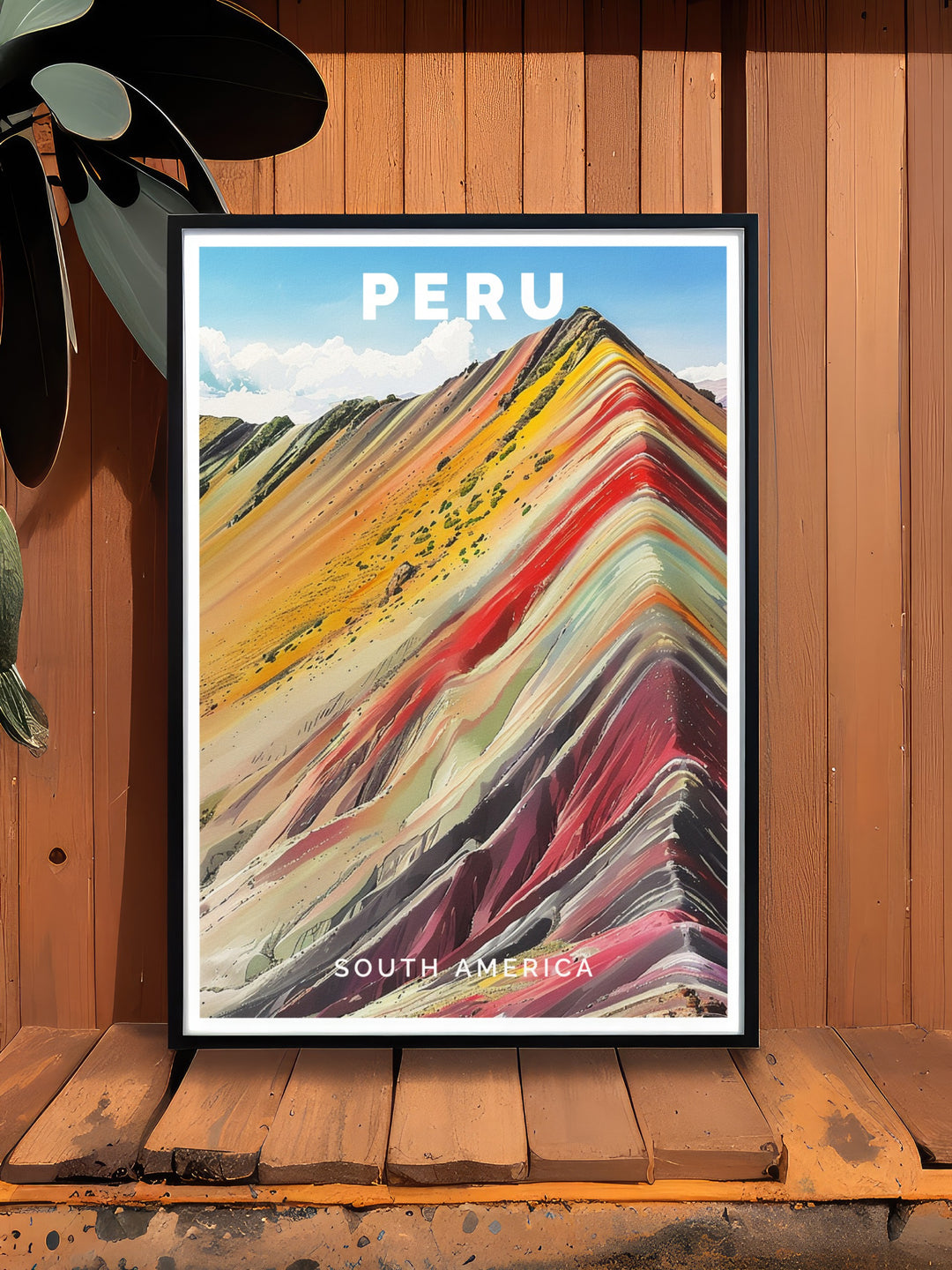 Peru wall art showcasing the majestic Rainbow Mountains with their bold, multicolored bands. This poster brings together the natural splendor of the mountains and the dynamic culture of Lima, creating a captivating travel inspired décor piece.