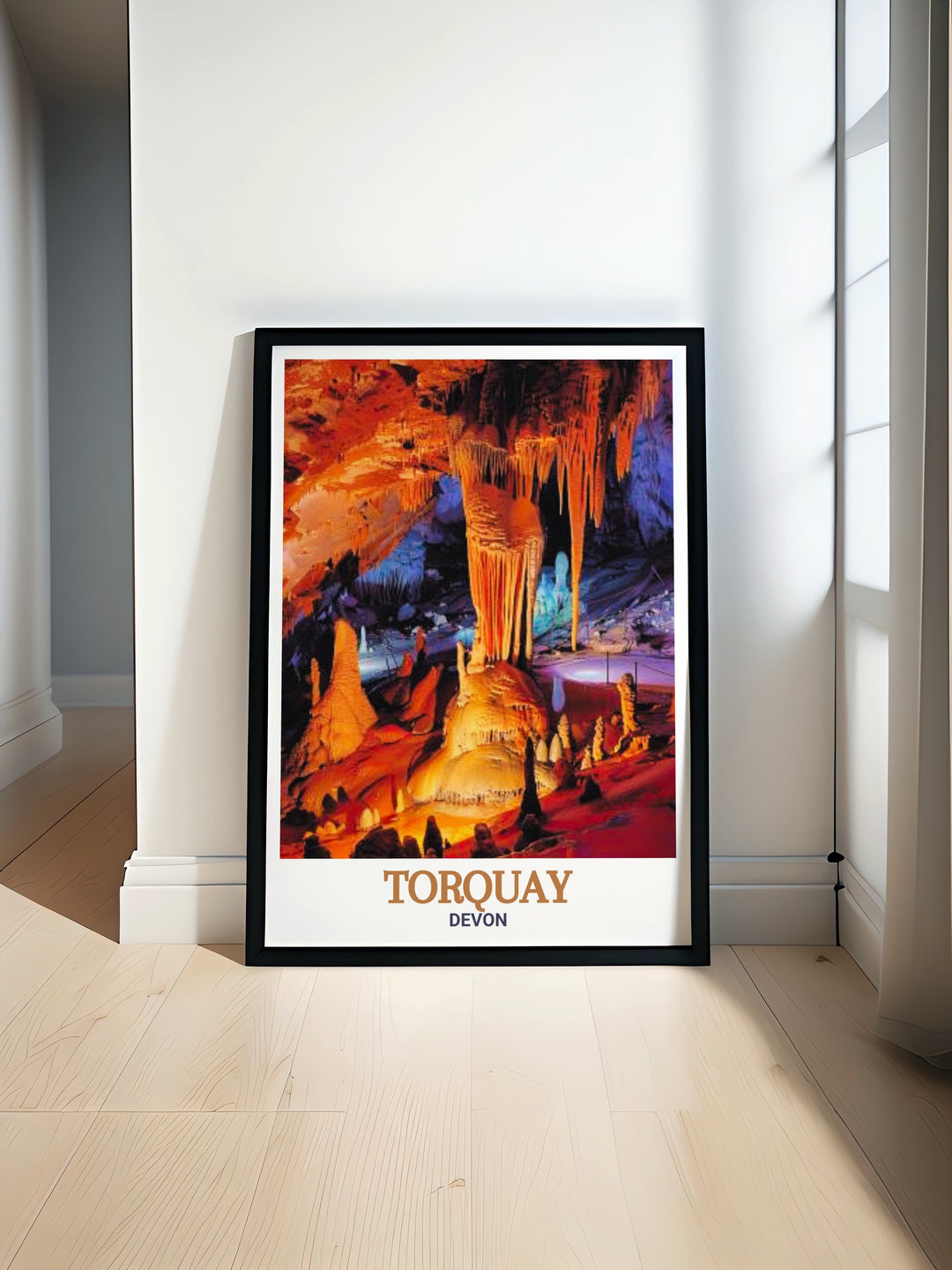 Canvas Art featuring Kents Cavern in Torquay, Devon, with vibrant details and a vintage travel poster style. This print is ideal for those who love coastal scenery and the rich prehistoric history of Devons most famous caves.