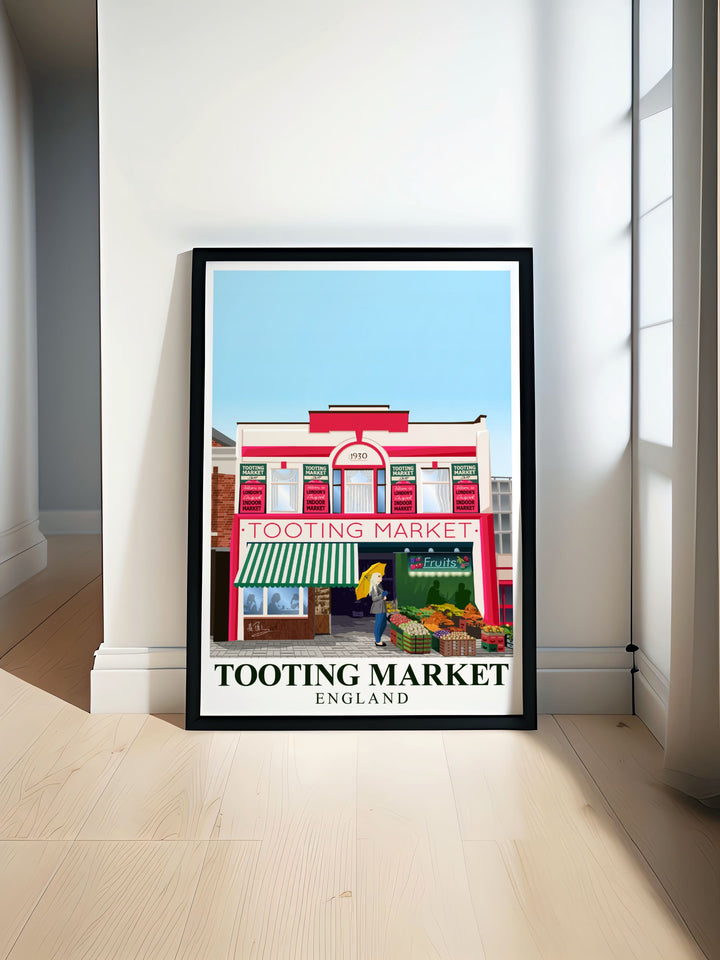 Tooting Market Print showcasing the vibrant energy and cultural diversity of South London a perfect addition to your collection of vintage travel prints and retro railway posters