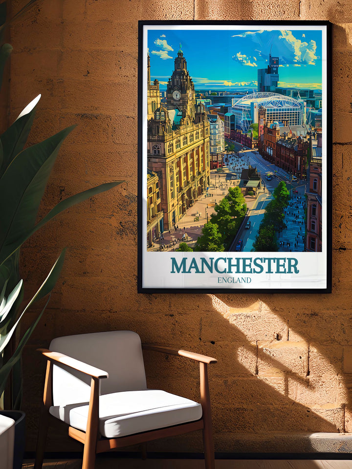 Framed print of Manchester town hall and Old Trafford stadium designed to celebrate the architectural and sporting landmarks of the city adding elegance and historical significance to any room.