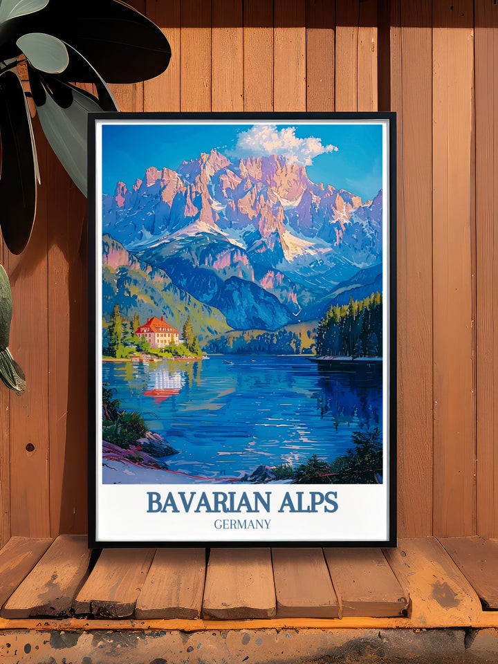High quality print of Zugspitze and Eibsee Lake in the Bavarian Alps, capturing the stunning alpine scenery and tranquil beauty of this iconic region. Ideal for art lovers who appreciate both nature and adventure.