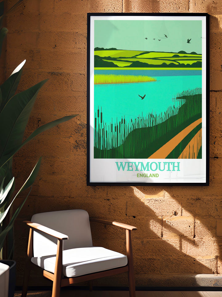 Radipole Lake Nature Reserve art print featuring the serene wetlands and vibrant birdlife. This detailed illustration captures the tranquility and natural beauty of the reserve, making it a perfect addition to any coastal or nature themed decor.