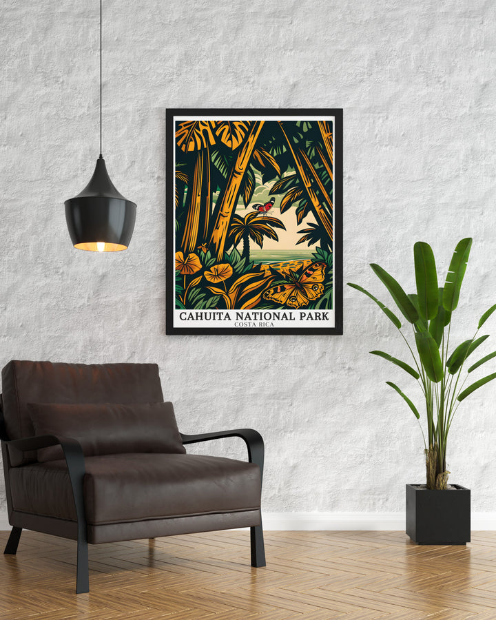 Cahuita National Park Travel Print offers a breathtaking view of Costa Ricas Caribbean coastline, featuring serene beaches and vibrant wildlife. This detailed print is perfect for nature lovers and anyone looking to add a touch of Costa Rican charm to their space.