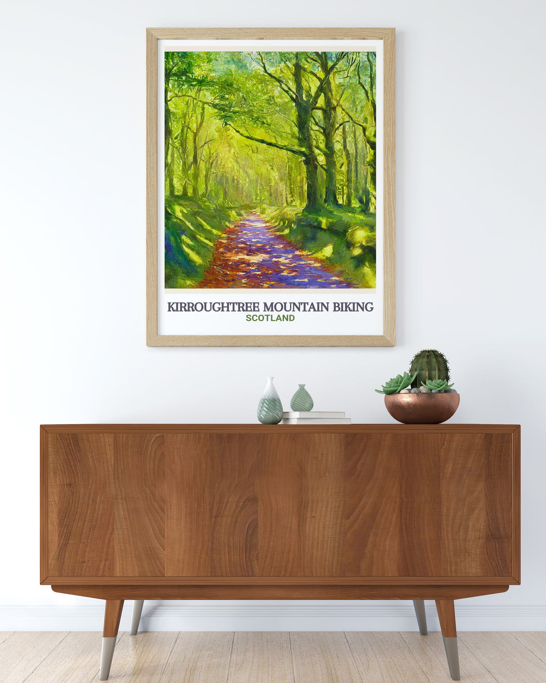 Galloway Forest Park travel print featuring the famous 7stanes MTB trails at Kirroughtree and the serene Bruntis Loch. This canvas art is perfect for mountain biking fans or those who enjoy the beauty of Scotlands wilderness, making a great addition to any room.