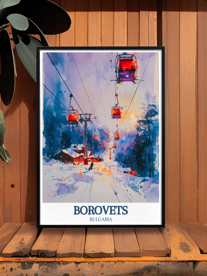 Unique artwork of Borovets featuring its lively resort area and the scenic journey of the Yastrebets Express, perfect for personalized gifts or home decor. This print captures the essence of Bulgarias alpine charm.