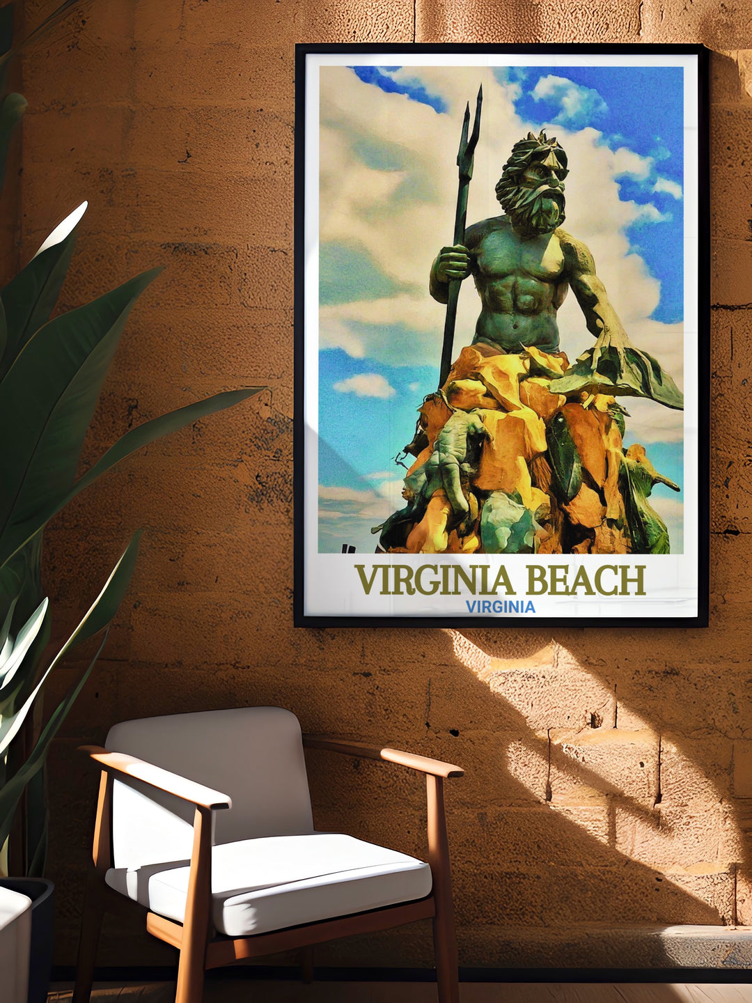 Unique Virginia Beach decor with Neptune Statue framed print offering a blend of fine line art and urban charm perfect for adding a touch of sophistication to any living space and making an excellent gift