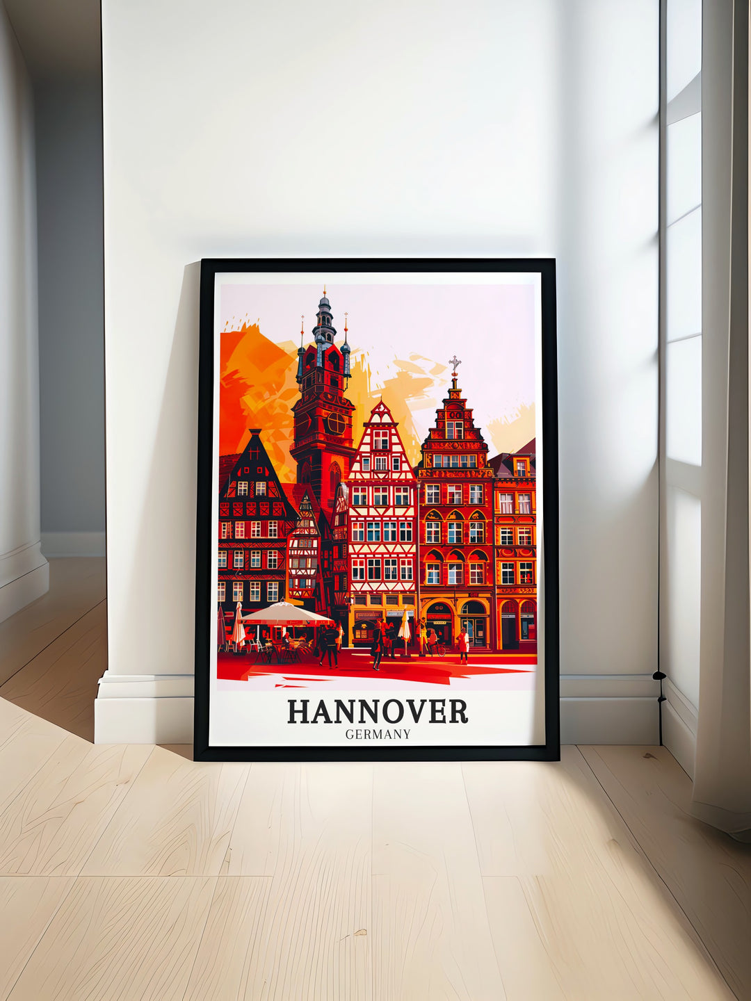 Matted art print of Hannovers Old Town highlighting its blend of historical architecture and lively atmosphere a perfect gift for travelers and history buffs who admire the beauty of traditional German cities