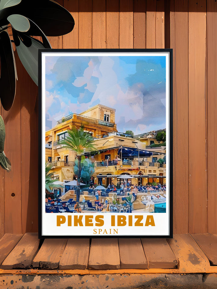 Enhance your living space with the Pikes Ibiza Print a perfect wall decor for any outdoor area its vibrant depiction of Ibiza nightlife makes it a standout piece for any modern art collection