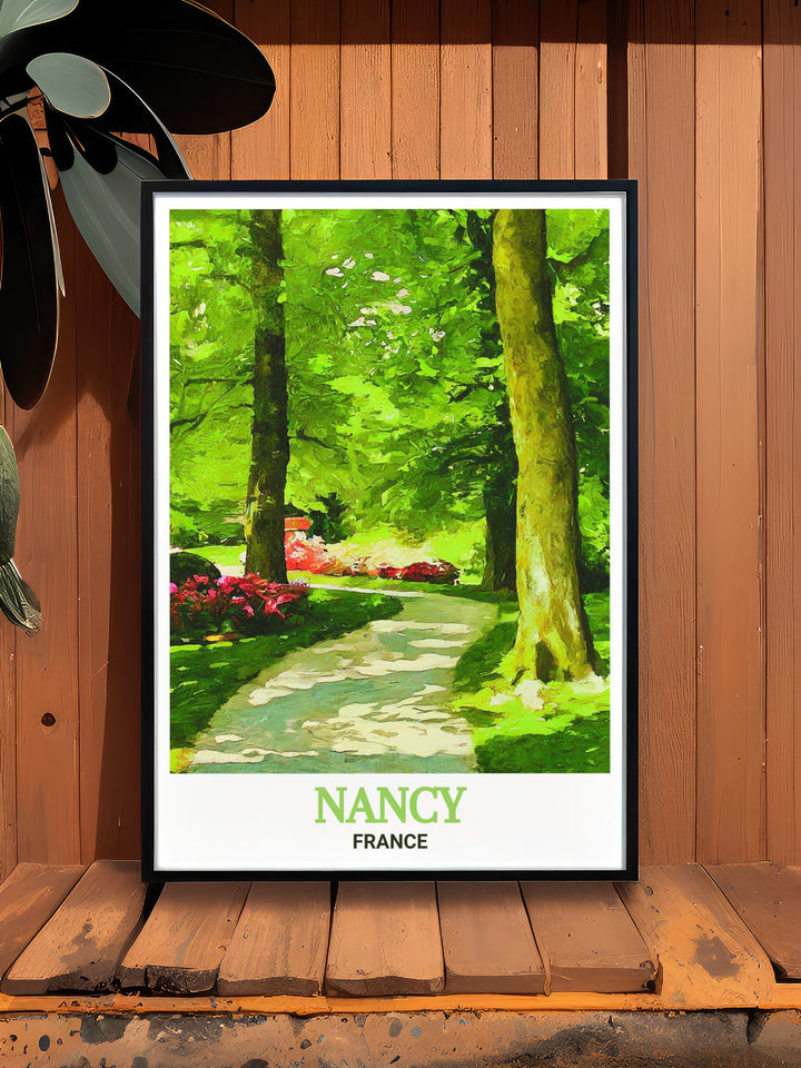 Nancy artwork featuring a beautiful blend of the citys architecture and the lush Parc de la Pépinière, ideal for creating a calming atmosphere in your home.