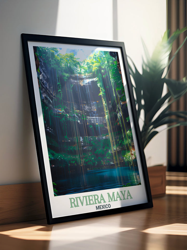 Cenote Ik Kil framed print showcasing the serene beauty of Riviera Maya Mexico with detailed artwork perfect for beach decor. This Mexico gift is ideal for enhancing home living decor with tropical art and vibrant illustrations of Cenote Ik Kils crystal clear waters.