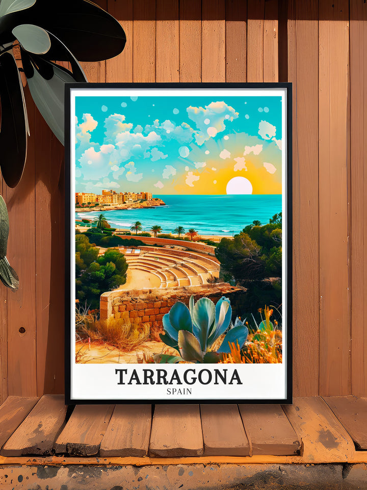 Beautiful Spain Poster featuring the Roman Amphitheatre and Balco del Mediterrani in Tarragona. Ideal for adding a touch of Mediterranean elegance and historical significance to your home decor.