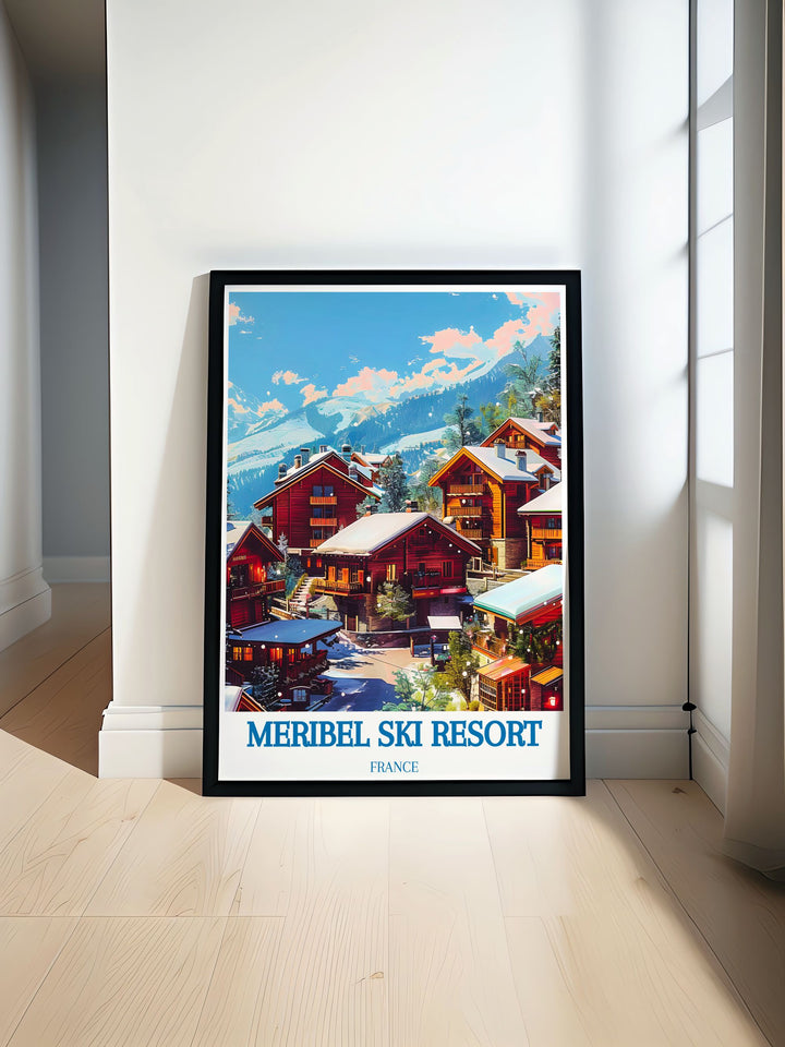 Meribel Village modern art features breathtaking ski resort views. This vintage ski print highlights the stunning alpine scenery and snowy landscapes of Meribel. Perfect for adding a touch of mountain charm to your home.