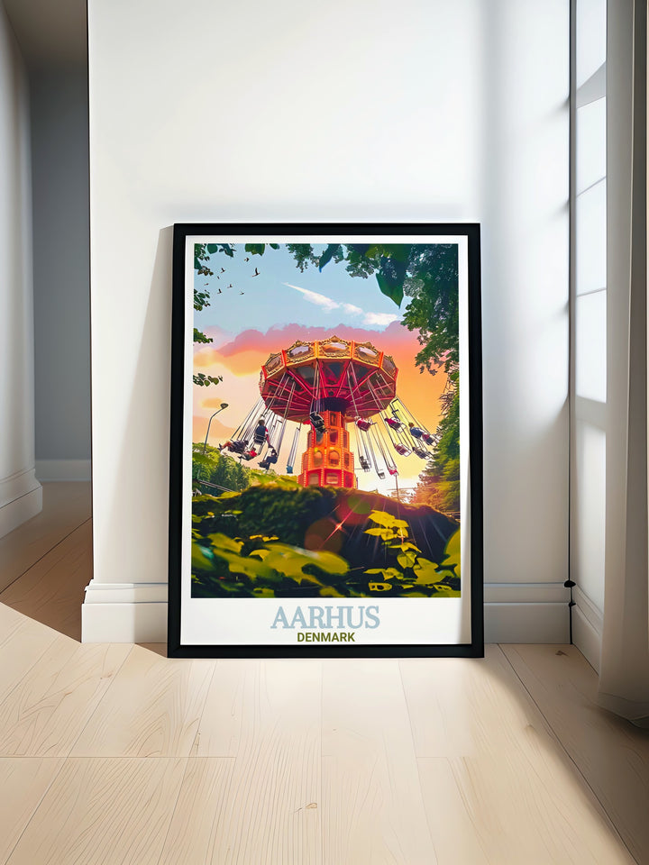 Tivoli Friheden travel poster showcasing the vibrant amusement park in Aarhus Denmark. Perfect for Aarhus travel enthusiasts and Denmark wall art lovers. This stunning print brings the joy and excitement of Tivoli Friheden into your home decor.