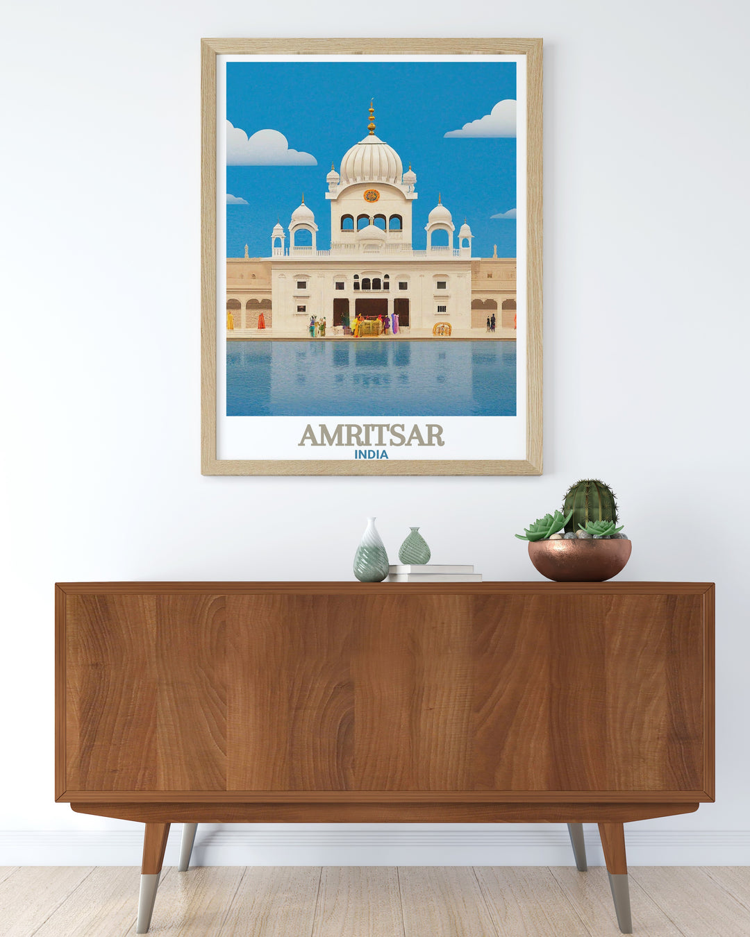 This India canvas art celebrates the historic beauty of Amritsar, with its sacred temples and vibrant city life. Featuring the Durgiana Temple and the stunning Amritsar skyline, this travel poster is ideal for bringing a cultural flair to your living space.