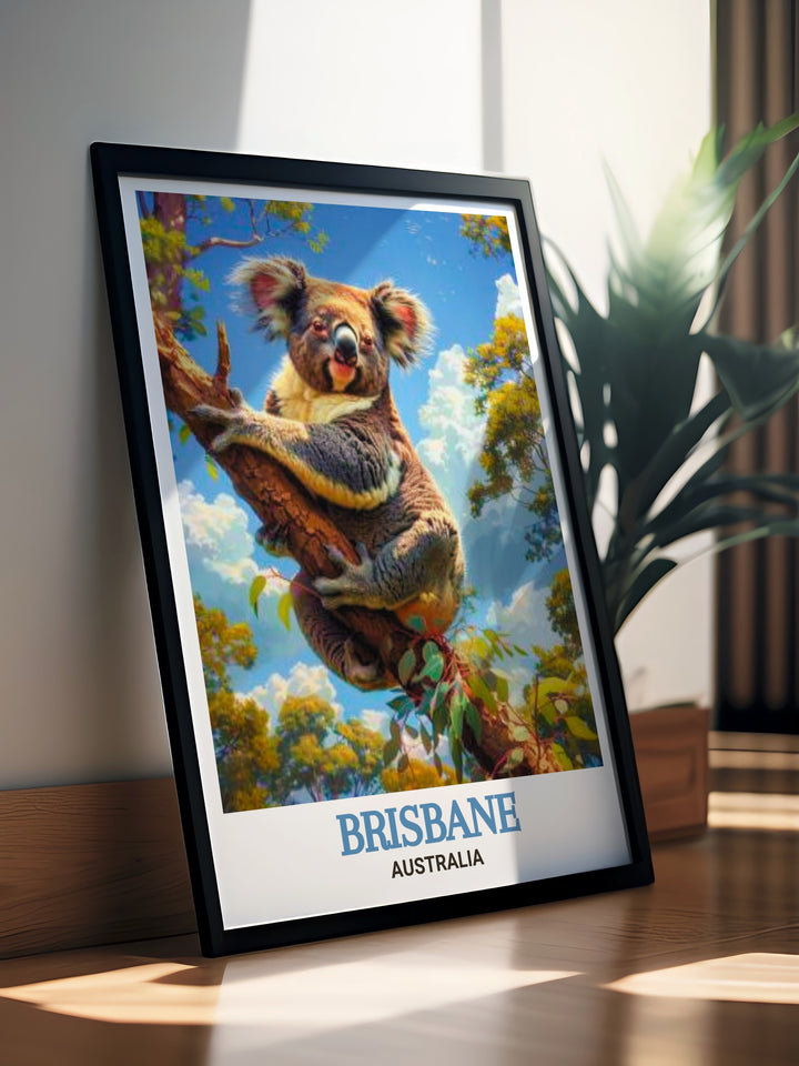 Brisbane Poster featuring Lone Pine Koala Sanctuary is a vibrant and detailed art print that celebrates Brisbanes unique connection to nature. This artwork adds elegance and tranquility to your home or office decor making it a must have for anyone who loves Australian wildlife