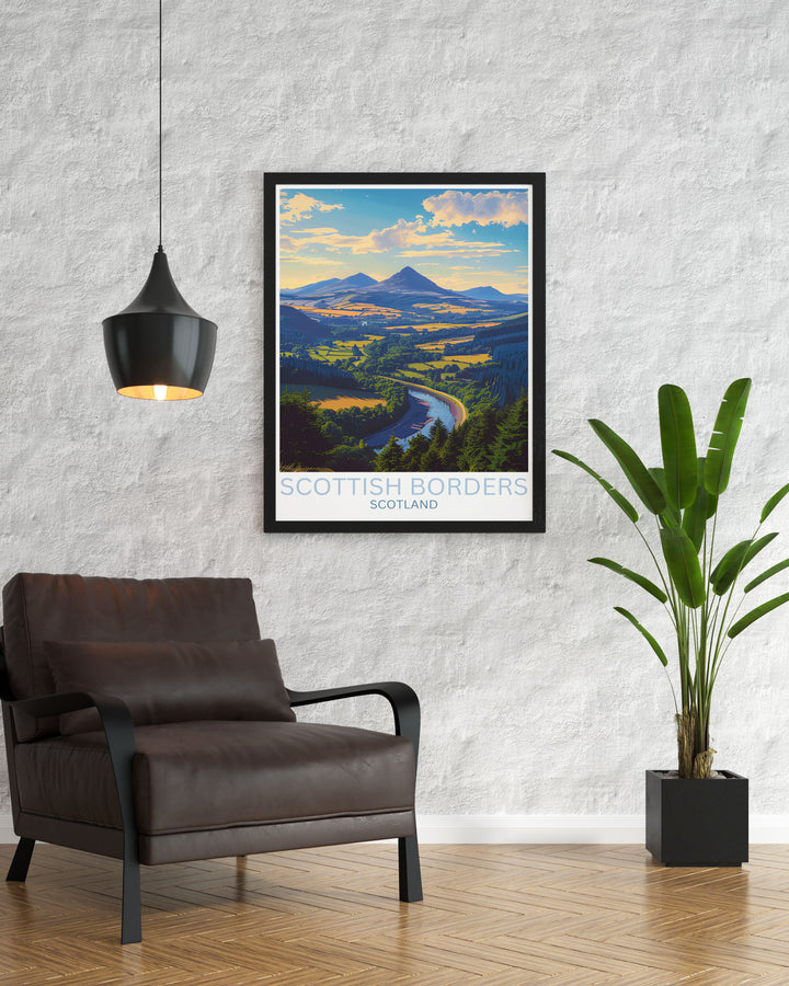 Discover the serene beauty of Scotts View with this Scottish Borders poster print Ideal for enhancing any room this artwork is perfect for those who appreciate nature prints and elegant Scottish home decor