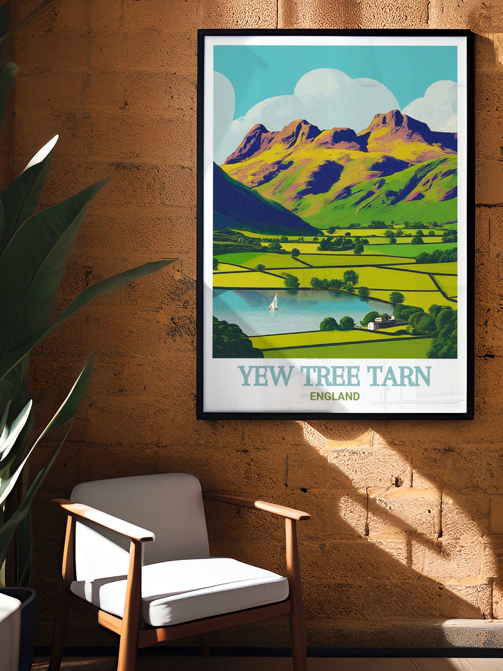 Yew Tree Tarn Lake District print showcasing the serene beauty of the tranquil waters and lush greenery, with Langdale Pikes in the background. Perfect for nature lovers and travel enthusiasts, this print captures the essence of the Lake District.