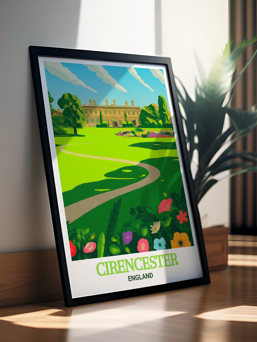 Decorate your space with this travel poster featuring Cirencester Park, where the beauty of Englands countryside is perfectly captured, ideal for nature lovers and history enthusiasts alike.