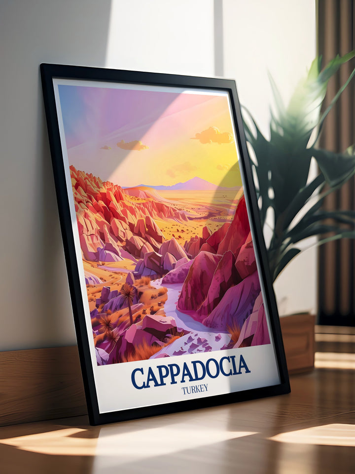 This Cappadocia travel print features the iconic Valley of the Roses and the stunning red rock formations of the Rose & Red Valley. Its a perfect gift for travelers or a beautiful addition to your own living space.