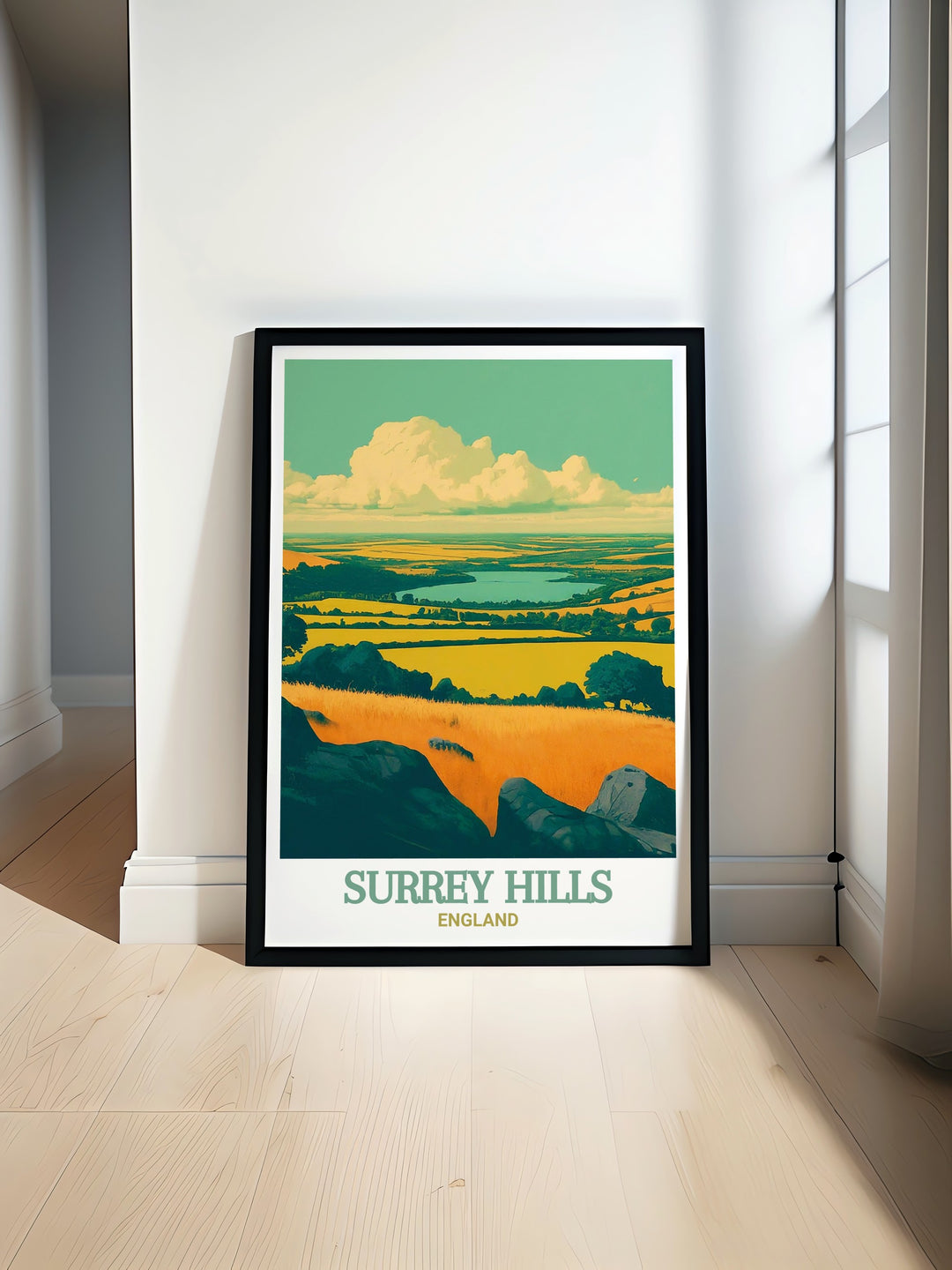 Discover the picturesque beauty of Surrey Hills with this vintage style poster featuring Newlands Corner. The artwork reflects the scenic charm and peacefulness of this iconic English landscape, offering a perfect blend of nature and art for your home or office