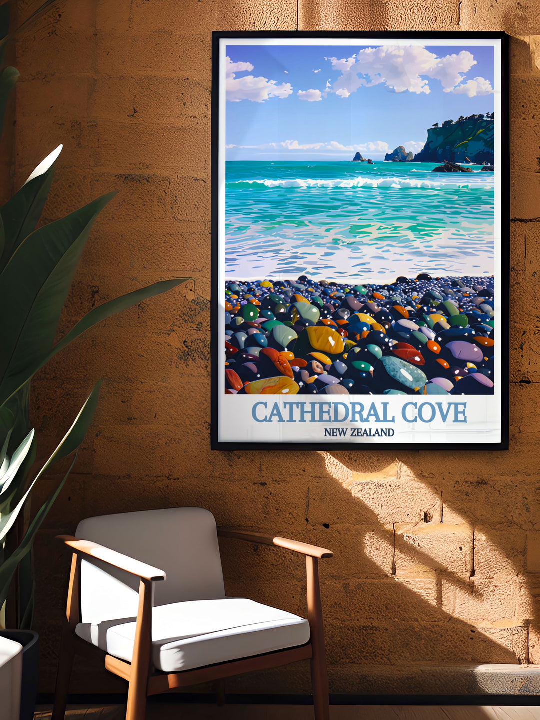 Cathedral Coves majestic archway stands tall against the backdrop of a serene beach and crystal clear waters.