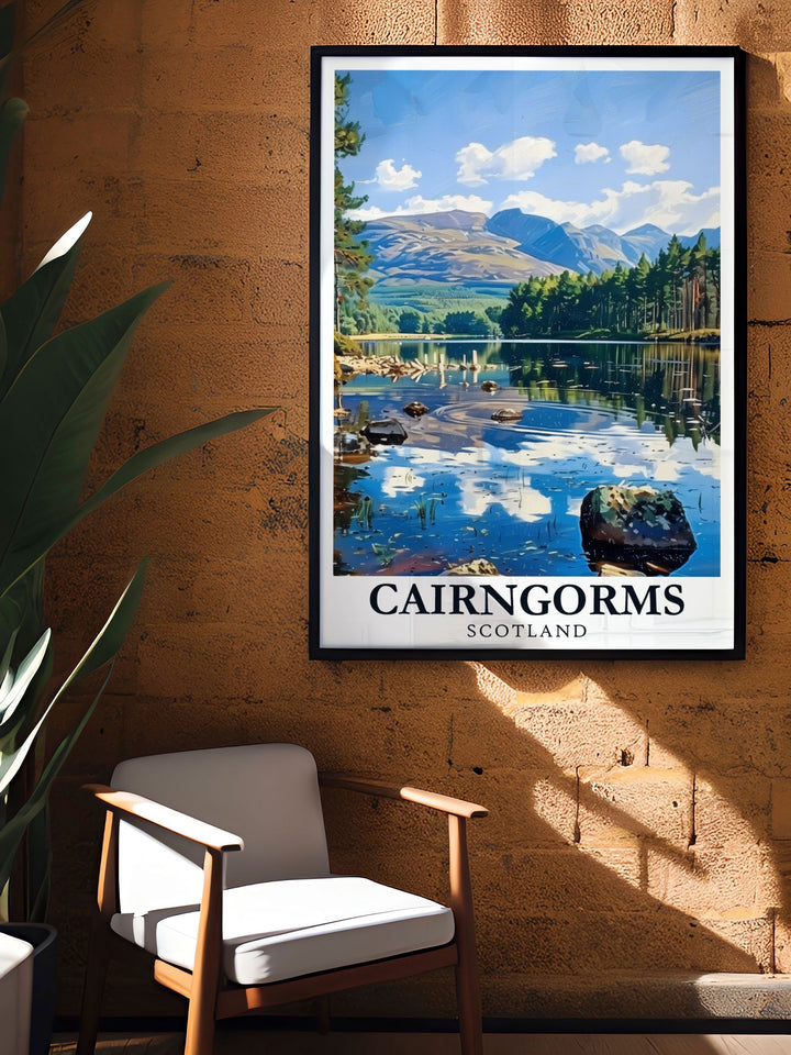 Stunning travel poster of Loch Morlich featuring abstract mountains and highland wilderness artwork that captures the tranquil yet rugged beauty of the Scottish Highlands making it an ideal addition to any room in your home