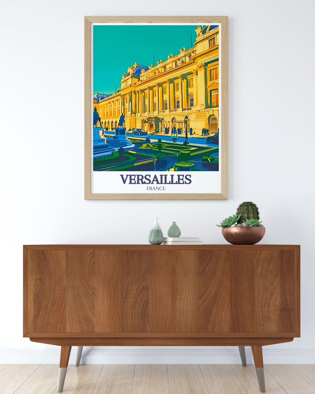 Versailles Vintage Poster featuring the iconic palace and its lavish estate, designed in a retro inspired style. This poster adds a touch of historical elegance to any space and makes for a unique gift for art and travel lovers alike.