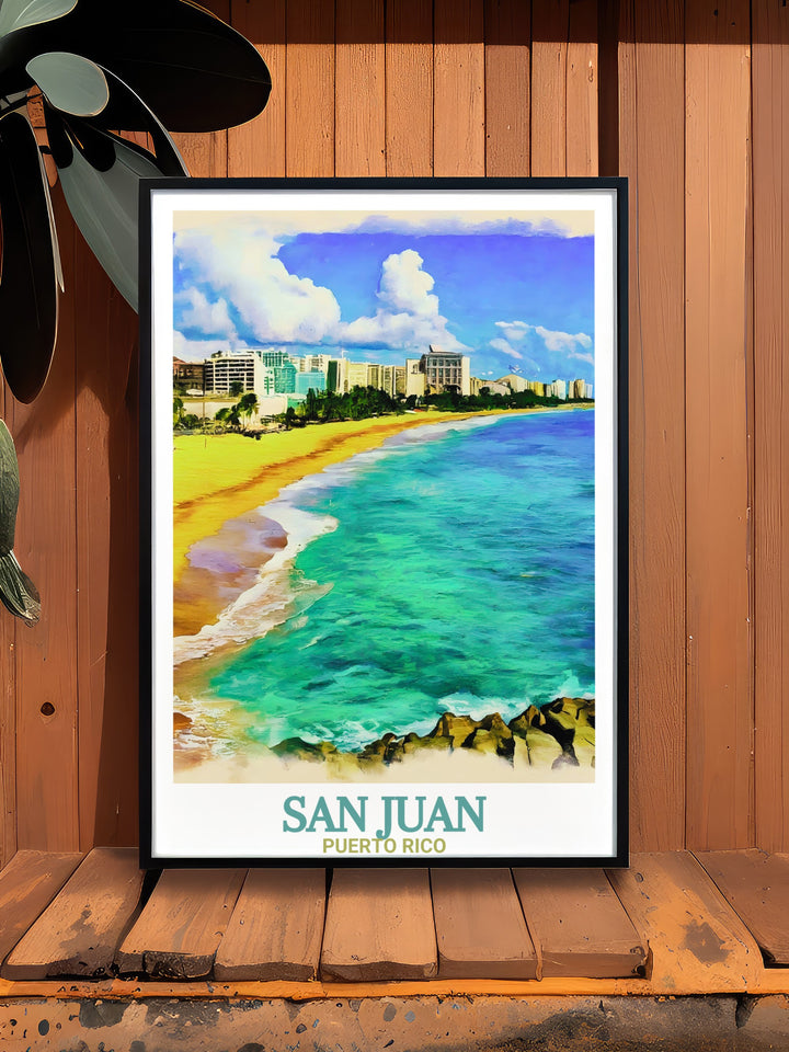 Elegant Condado Beach wall art designed to bring a piece of the Caribbean into your home. This San Juan art print is perfect for gifts for mom sister or wife and works beautifully as part of a tropical themed decor for bedrooms living rooms or offices.