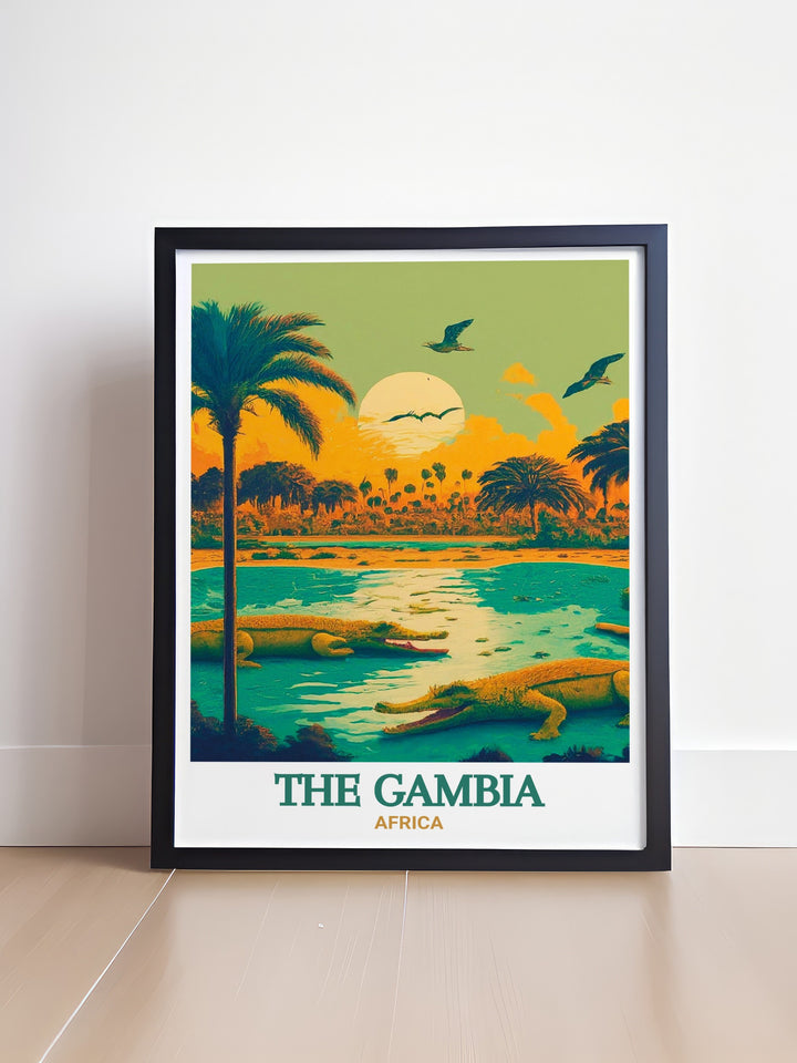 The Gambia wall art showcasing Kachikally Crocodile Pool. A detailed fine line print that highlights the intricate beauty of this iconic landmark. Perfect for adding a touch of exotic elegance to your living space, celebrating the rich culture and natural beauty of The Gambia.