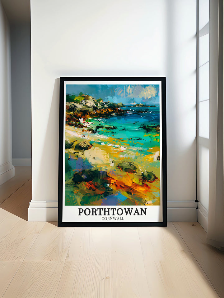 Elegant Porthtowan poster featuring the expansive sands of Porthtowan Beach and the historic charm of Portreath Village. The print highlights the contrast between the dramatic cliffs and the serene harbor, perfect for enhancing any Cornwall inspired decor