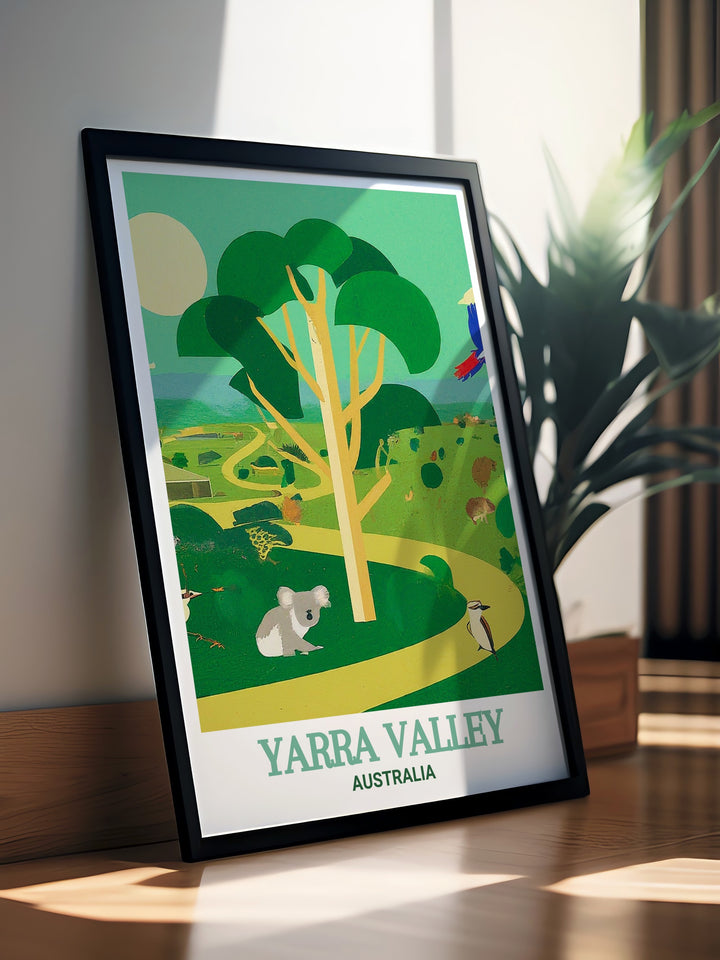 Yarra Valley canvas print brings the tranquility of Australias wine country into your home. Ideal for those looking to add a touch of serenity to their living room or office, this wall art showcases the beauty of the regions vineyards.