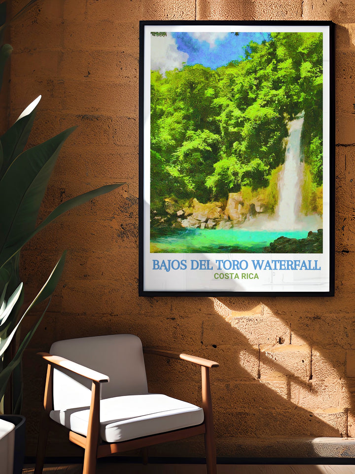 Capture the essence of Costa Rica with this detailed art print of Bajos del Toro Waterfall. The artwork highlights the waterfalls dramatic drop and the rich, green surroundings, offering a piece of the rainforests tranquility for your home.