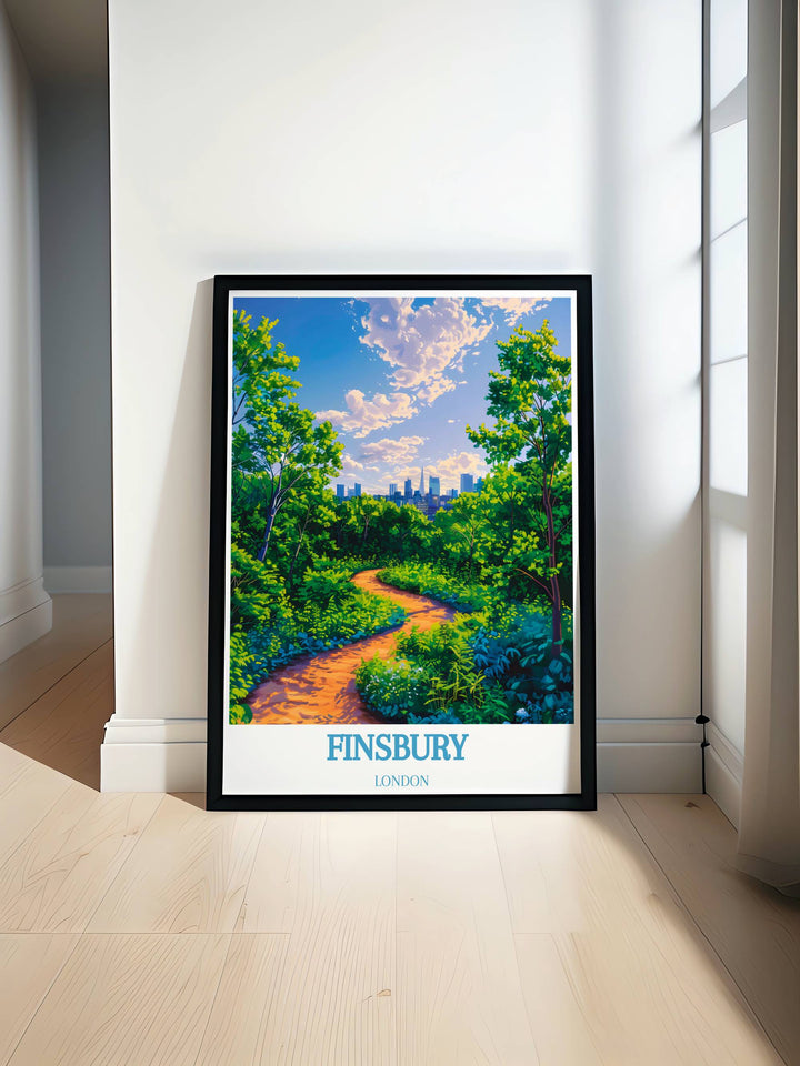 Discover the beauty of Finsbury Park with this vibrant poster. Perfect for London travel enthusiasts, this print captures the lush greenery and serene atmosphere of one of Londons most beloved parks. Ideal for home decor and art collections.