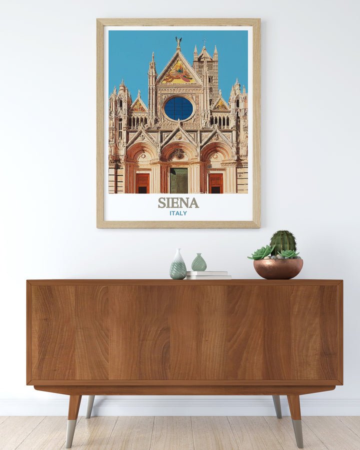 Black and white Siena Art Print with the Siena Cathedral beautifully depicted in fine line detail. This modern city print is perfect for elegant home decor or as a unique gift for lovers of Italian architecture and history.