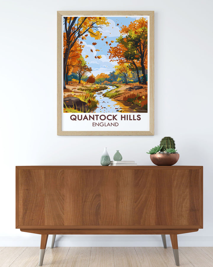 Holford Combe artwork illustrating the stunning views of Quantock Hills and Somerset AONB a beautiful and elegant travel poster print that enhances any room with its vibrant colors and intricate details of Vale Taunton Deane and Quantock Heath.