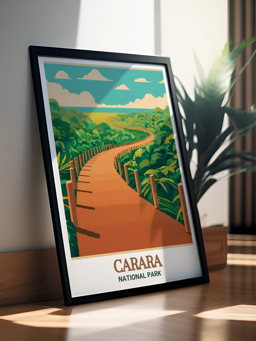 Costa Rica Travel Poster captures the spirit of exploration along the Universal Trail in Carara National Park. A vibrant addition to any living space, perfect for lovers of nature and travel.