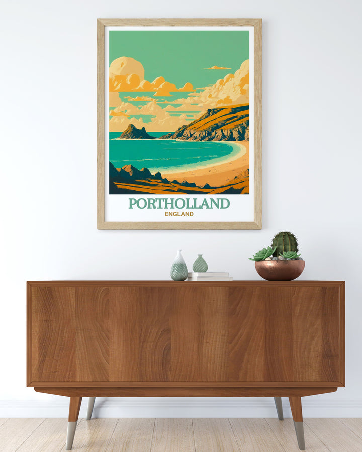 This Cornwall travel poster features the picturesque Portholland and Pendower Beach, offering a visual escape to the tranquil shores of the Cornish coast. Ideal for beach lovers and those who appreciate coastal art.