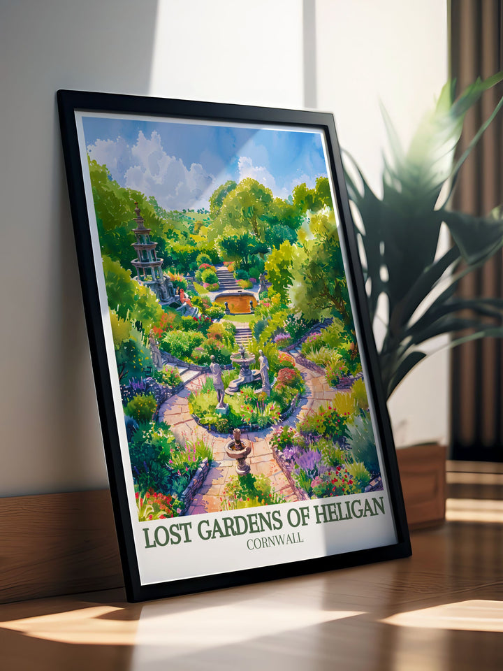 Captivating Heligan Travel Print featuring the lush greenery and historical charm of the Lost Gardens Heligan complemented by Italian garden Productive gardens ideal for enhancing any space with botanical elegance