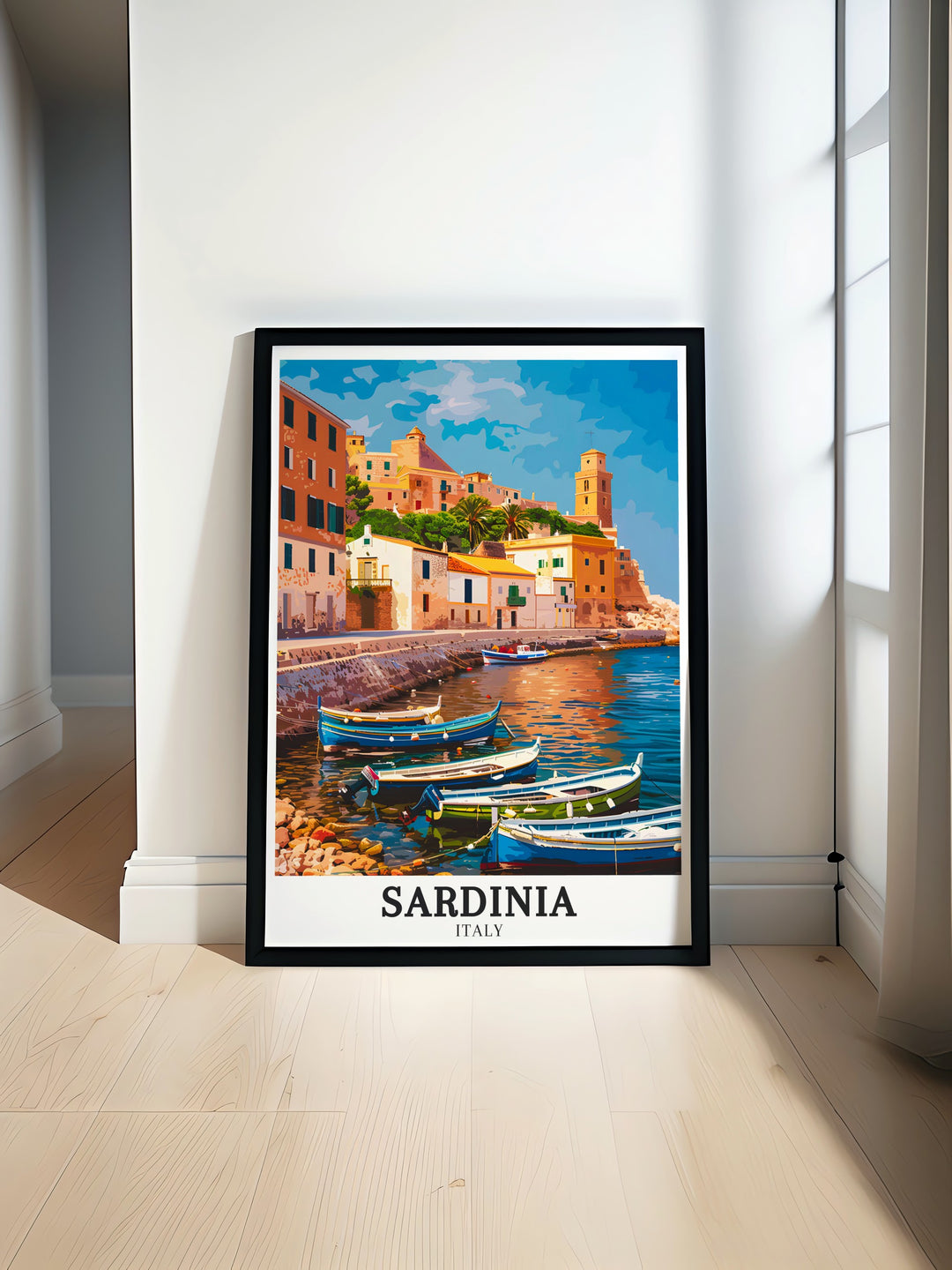 Alghero Waterfront Promenade wall art featuring Sardinia decor with a stunning Mediterranean Island theme. Perfect for adding Italian heritage and Sardinian beaches vibes to your home or office with beautiful illustration and modern art of Alghero in Italy.