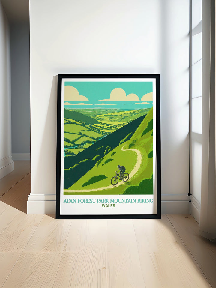 Skyline Trail travel print highlighting the exhilarating MTB trail in Afan Forest Park, South Wales. This artwork showcases the trails challenging climbs and stunning views, making it ideal for anyone who loves mountain biking and adventure.