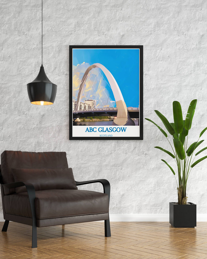 Elegant art print of The Clyde Arc and ABC Glasgow showcasing the blend of Glasgows modern structures and iconic music venues.