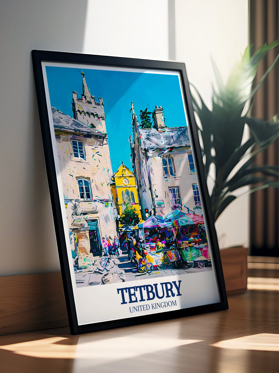 Capture the beauty of Tetbury with this travel print, showcasing the Town Hall and Market Square. The artwork celebrates the historic charm of this Cotswold town, making it a great gift for those who appreciate English heritage and travel.