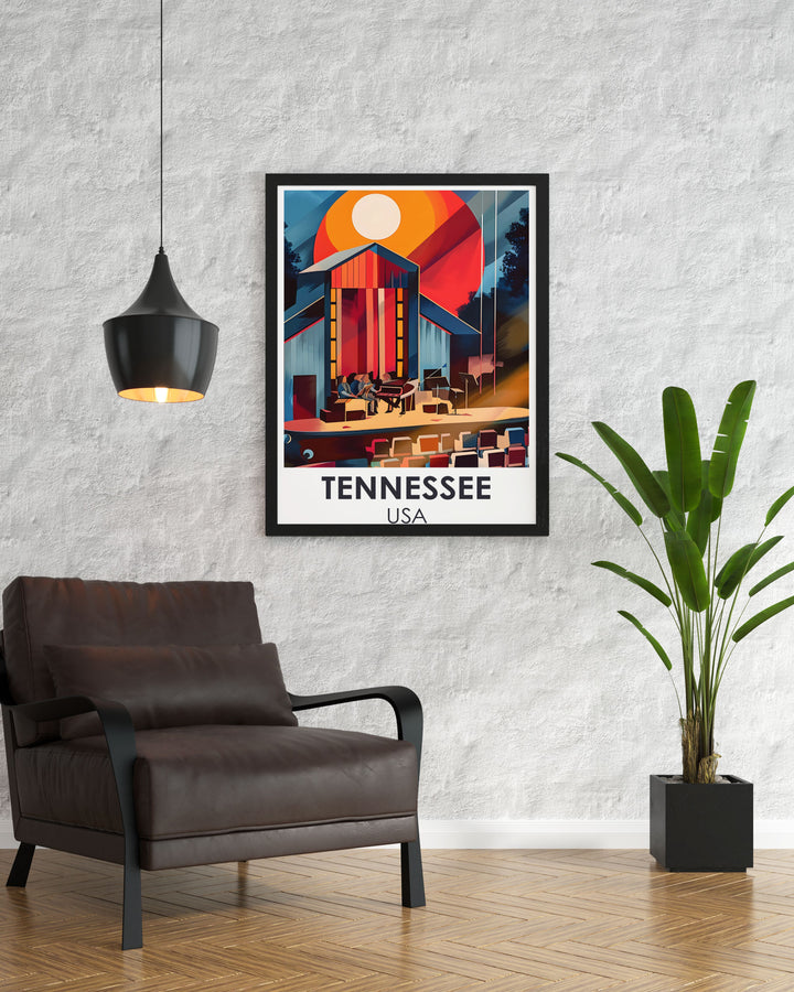 Nashville Tennessee Country Music Poster showcasing the historic Ryman Auditorium and the world famous Grand Ole Opry. This beautiful artwork is a must have for country music enthusiasts and makes a wonderful gift for fans of The Grand Ole Opry.