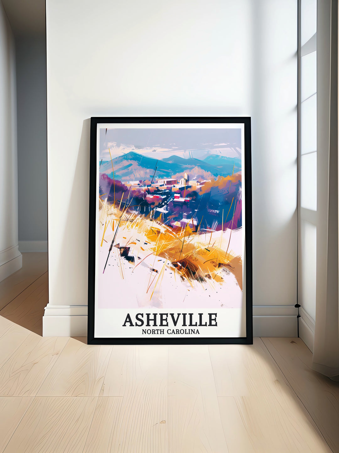 Explore the vibrant Blue Ridge Mountains Asheville Town with this colorful art print featuring detailed fine lines of the city map capturing the lively atmosphere and rich culture of Asheville perfect for living room decor and thoughtful gifts for all occasions.