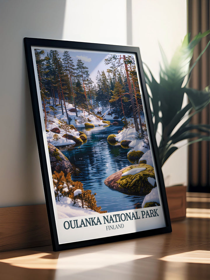 Embrace the serenity of Oulanka River and Kiutakongas Rapids with this captivating wall art. The detailed illustration showcases the pristine environment and vibrant colors of Finlands untouched wilderness. Ideal for anyone who loves outdoor adventures and picturesque scenes.