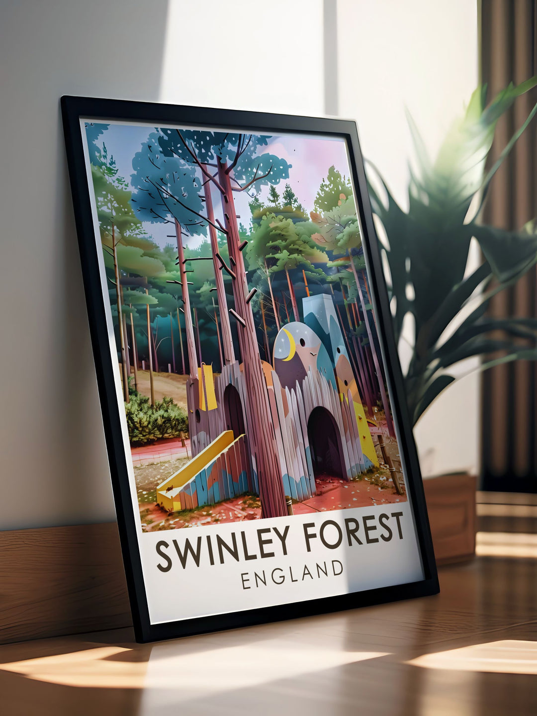 Swinley Forest trail framed print for mountain biking enthusiasts offering modern decor for living rooms. Featuring Look Out Discovery Centre this cycling wall art brings the beauty of the forest and MTB culture into your home decor collection.