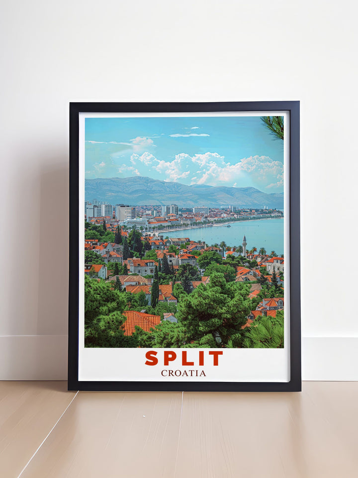 The Split Canvas Art featuring Marjan Hill blends the rich culture and scenic views of Croatias coastal city. This travel print is perfect for anyone who appreciates Croatian landscapes or wants to remember their trip to Split. Its a great gift idea or a unique art piece for your walls.