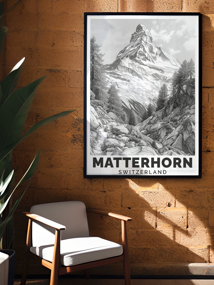 Snowboarding Art Print of the Matterhorn showing the iconic Swiss Alps with vintage style suitable for mountain modern prints and decor